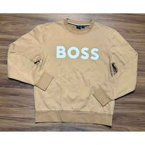 Hugo Boss Mens Soleri Crewneck Sweatshirt Tan Logo Grahpic Pullover Cotton Sz S